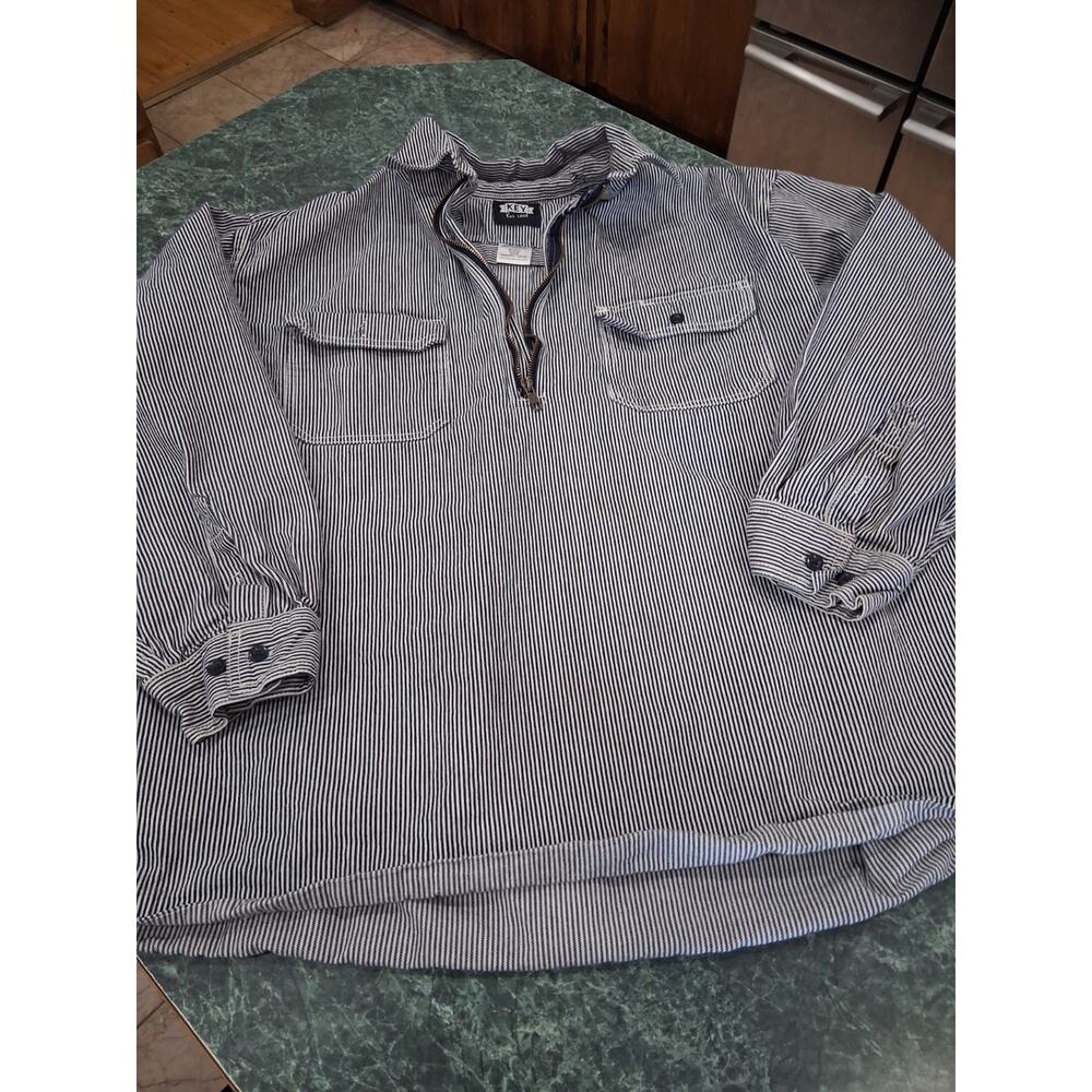 Key Hickory Stripe Logger Work Shirt Mens XXL 2x Blue White 1/4 Zip 100% Cotton